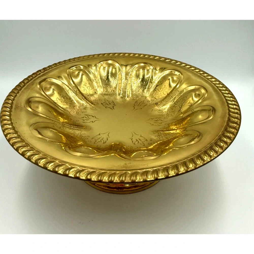 Vintage Solid Brass Pedestal Compote Bowl Rope Rim Fluted Hollywood Regency